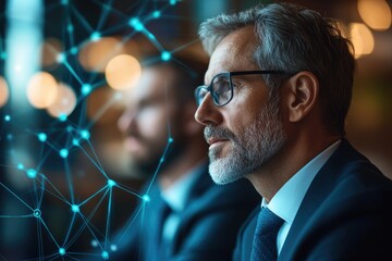 Poster - A pensive businessman contemplates a complex network, symbolized by glowing nodes and lines, suggesting strategic planning or technological innovation.