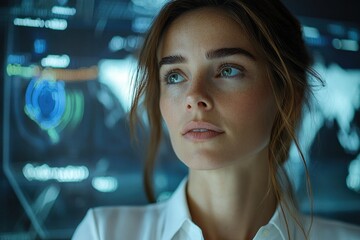 Fototapete - A woman thoughtfully observes a futuristic digital interface displaying complex data and world map.