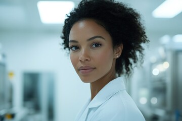 Poster - Confident female scientist in a lab coat, looking directly at the camera in a modern laboratory setting.