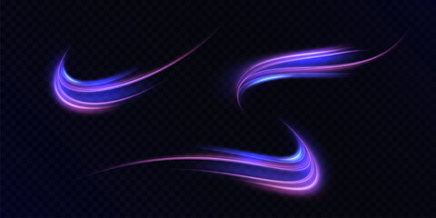 Aufkleber - Curved glowing stripes of purple and blue light with neon glitter on black background. Vector for dynamic graphics, fantastic energy effects, user interface design.