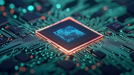 Poster - high tech microchip circuit board with glowing data processing unit