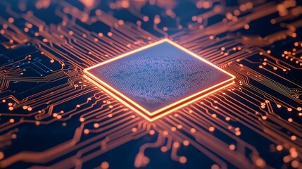 Poster - high tech microchip circuit board close up detail of advanced technology glowing orange lines