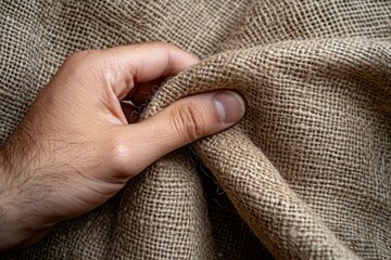 Poster - A hand gently holds and stretches a piece of coarse, textured burlap fabric.