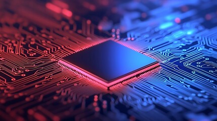 Poster - high tech microchip processor closeup on circuit board red and blue neon lighting