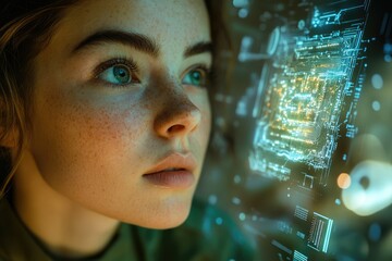 Poster - A young woman with freckles gazes intently at a futuristic, glowing digital interface, possibly a computer chip or circuit board.