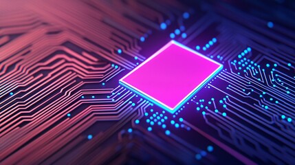 Poster - glowing pink microchip on neon circuit board technology background