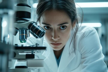 Poster - A focused female scientist intensely examines a sample under a high-powered microscope in a laboratory setting.