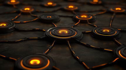 Digital Network: A detailed macro shot reveals an intricate network of interconnected nodes, illuminated with warm, inviting light.