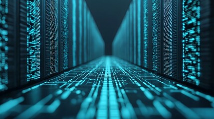 Wall Mural - futuristic data center server room corridor with glowing digital code