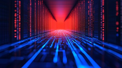 Wall Mural - futuristic data center corridor red and blue digital server racks and network lines