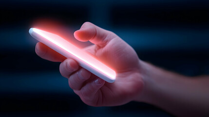 Canvas Print - hand holding glowing smartphone against dark background