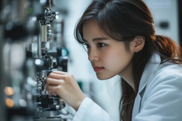 Poster - A focused female scientist meticulously adjusts complex laboratory equipment, engrossed in her research.