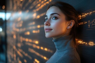 Aufkleber - A young woman gazes thoughtfully at a glowing digital wall, lost in contemplation of technology's impact.