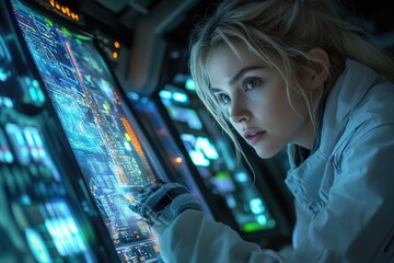 Poster - A young woman intently interacts with a futuristic, high-tech control panel, analyzing complex data streams.