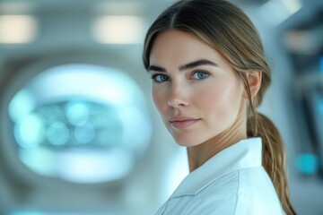 Poster - A young female scientist looks over her shoulder, serious expression, in a modern lab setting.