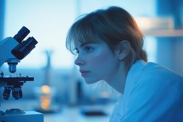 Poster - A young female scientist intently observes through a microscope, focused on scientific research in a laboratory setting.