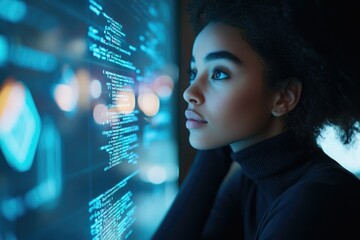 Leinwandbilder - A young woman intensely focuses on lines of code displayed on a large screen, showcasing her dedication and skill in software development.