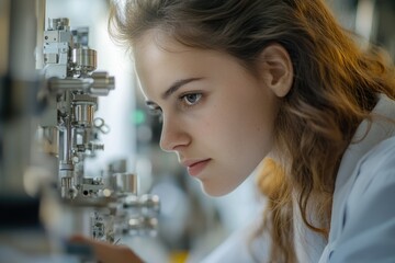 Poster - A focused young female scientist meticulously examines a complex piece of scientific equipment in a laboratory setting.