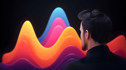 Wall Mural - man observing colorful 3d data visualization waves