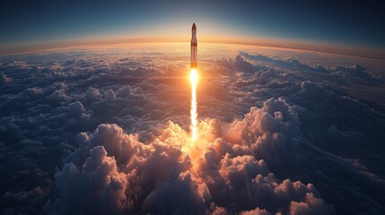 Aufkleber - Bright flames erupt as a rocket ascends into the sky, piercing through thick clouds and signaling the beginning of a journey into space during the early morning light.
