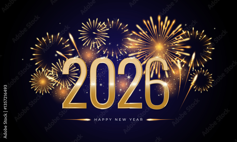 Happy New Year 2026 greeting banner with gold number and golden ...