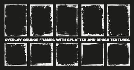 Fototapete - Artistic grunge frame border, overlay texture for old, dirty, retro, vintage effects. Square and rectangular overlay texture with brush strokes effect. Dirty texture effect. Vector graphic collection
