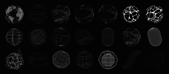 Futuristic 3D spheres with decay particles, hologram of planet earth, geometric spheres, magic balls, round 3D figures. Black and white set of geometric shapes, holograms, science fiction. Vector set