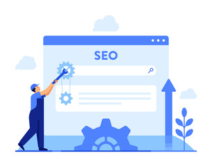seo optimization with developer adjusting gears on search engine interface. website ranking and digi