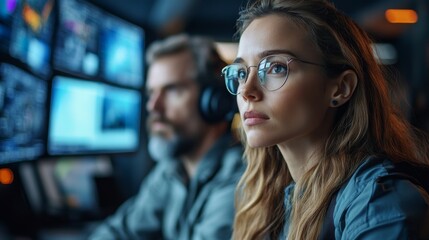 Poster - Dedicated team members engage in monitoring and managing logistics operations, analyzing data on large screens, ensuring efficient inventory handling.