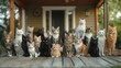 © ddaremmth - A highly realistic photograph of 20 well-behaved cats of various breeds, sizes, and colors sitting perfectly still in front of a charming suburban house.
