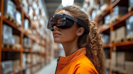 Poster - A worker in a bright orange uniform utilizes advanced smart glasses while navigating through a well organized warehouse filled with shelves of inventory, optimizing sorting and fulfillment tasks.