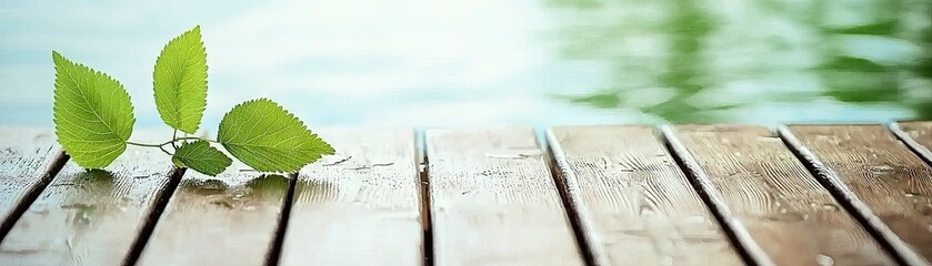Wall Mural - Green leaves on wood dock, lake background, nature serenity