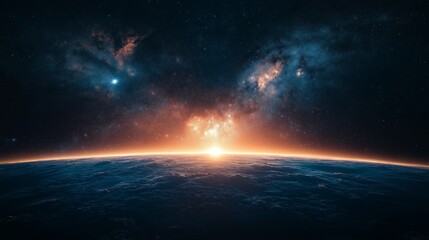 A global external view a view from the stars where you can see a small earth and the moon