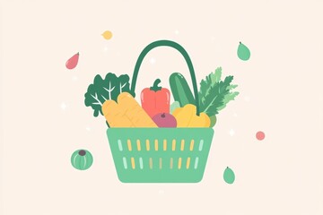 Aufkleber - Fresh vegetables and fruits in a green shopping basket with soft pastel background creating a clean and stylish design Generative AI