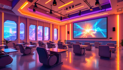 Wall Mural - A Modern Presentation Room With Glowing Lights And Screen