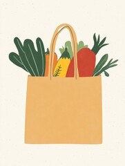 Aufkleber - Modern illustration shows a paper grocery bag filled with organic fruits and vegetables on a light background with earthy tones Generative AI