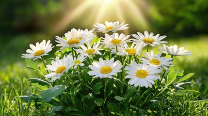 Wall Mural - white wildflowers blooming on vivid green grass under soft spring sunlight