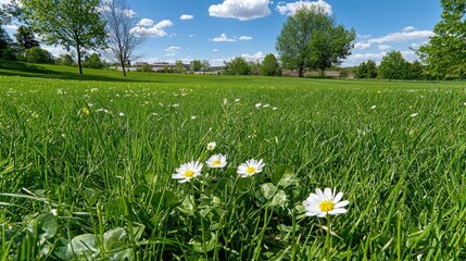 Wall Mural - white wildflowers blooming on vivid green grass under soft spring sunlight
