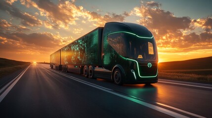 Aufkleber - A futuristic freight truck drives on a highway during sunset, highlighting innovations in logistics and transport across vast distribution networks. The sky displays vibrant colors.