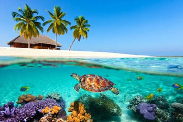 Wall Mural - tropical beach and coral reef fish underwater