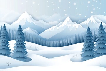 Leinwandbilder - Peaceful winter landscape featuring snowy mountains and pine trees with a soft blue gradient sky in a paper cut style design Generative AI