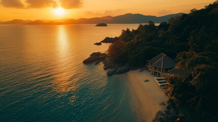 Wall Mural - breathtaking sunset over a tropical beach with a secluded wooden house and lush greenery