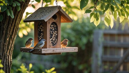 wooden bird feeder hanging from a tree, rustic backyard setting, soft natural lighting, green foliag