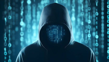 A mysterious figure in a hoodie with a binary code face, representing the essence of cybersecurity and digital anonymity.