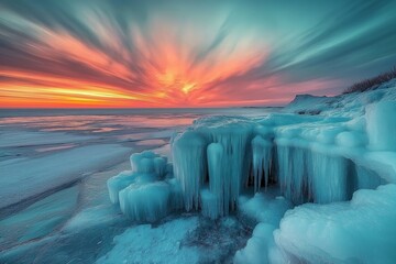Wall Mural - sunset on frozen lake