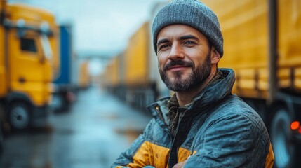 Aufkleber - Logistics staff member stands confidently in a bustling warehouse. Yellow trucks line the background, indicating active inventory movement during a cloudy day.