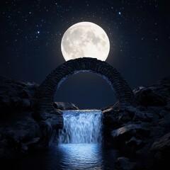 Wall Mural - a magical stone bridge arching over a glowing waterfall, illuminated by the full moon and celestial 
