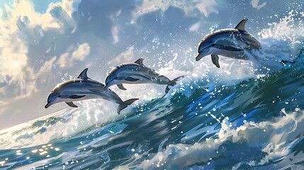 Wall Mural - group dolphin jumping out of sea water