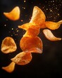 © DriftPixels - Golden potato chips suspended in mid air against a dark backdrop creating a dynamic food photography scene with a warm light