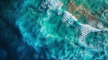 Wall Mural - aerial view of sea shore with blue waves crashing to the rocks